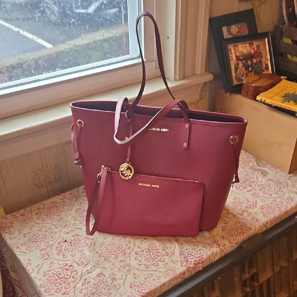 Michael Kors Red Tote Bag Set with Metallic Charm